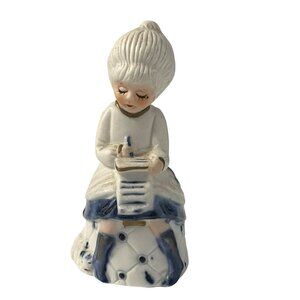 Vintage Jasco Porcelain Girl Bell Figurine Writing Letter Blue White Japan 4”